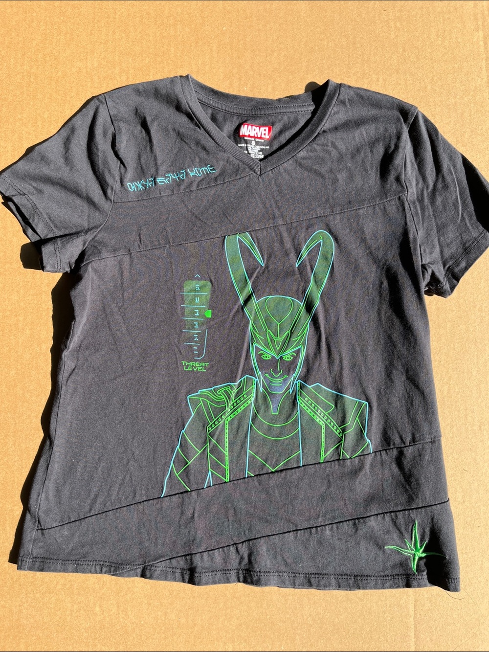 Marvel Loki Neon Green Graphic V-Neck Asymmetric Panel T-Shirt Size S